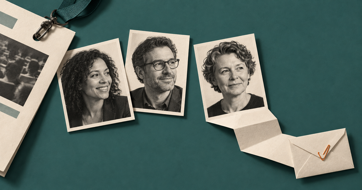 Three monochrome professional portrait cards beside a conference lanyard, with one card unfolding into an envelope to represent selective conference networking follow-up.