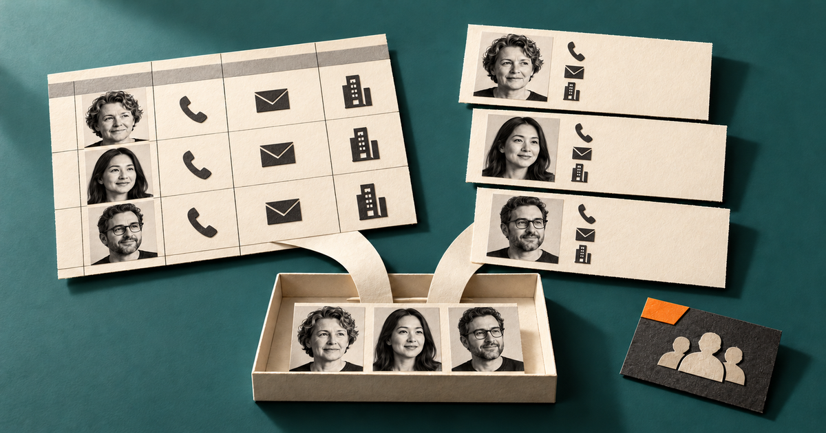 Handcrafted paper collage comparing a CSV contact grid with three vCard contact cards feeding into an import review tray, while a separate relationship context card sits outside.