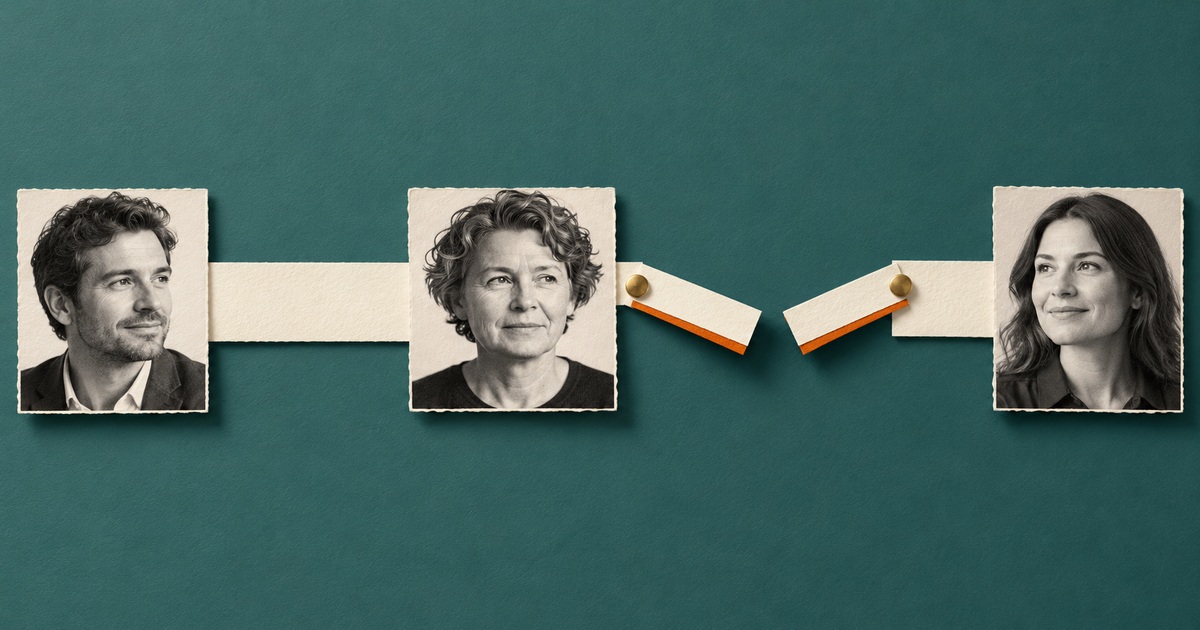 Three professional portraits linked by a paper relationship path, with two separate permission tabs showing a double opt-in introduction.