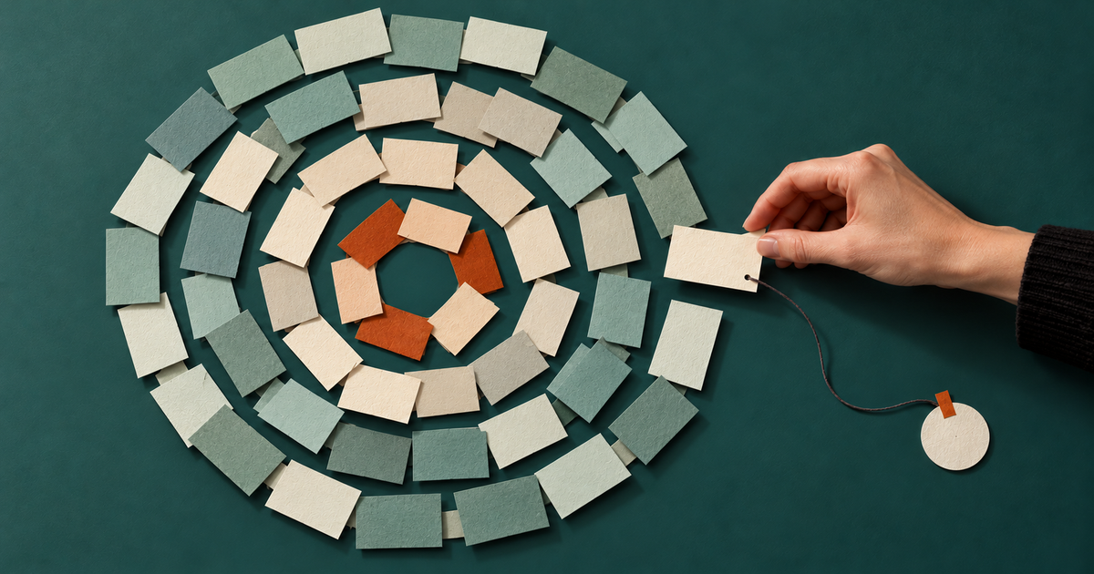 Paper contact cards in four irregular Dunbar's number relationship layers, with a hand moving one card between them.
