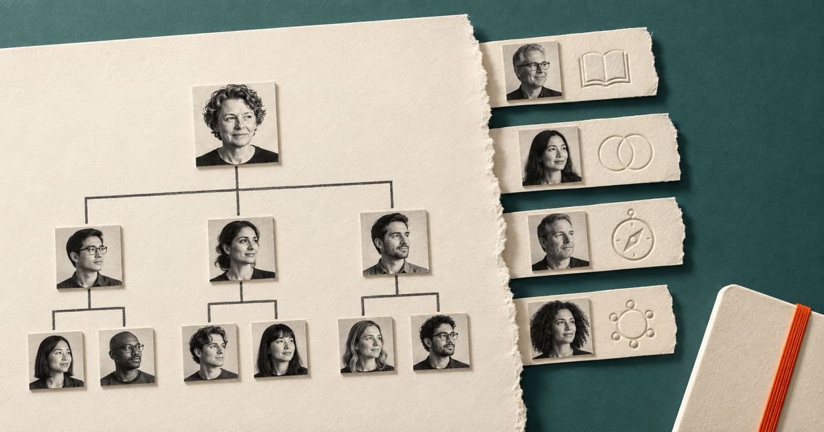 A torn cream org chart beside four portrait tabs and an orange-banded notebook, illustrating networking for new managers beyond formal reporting lines.