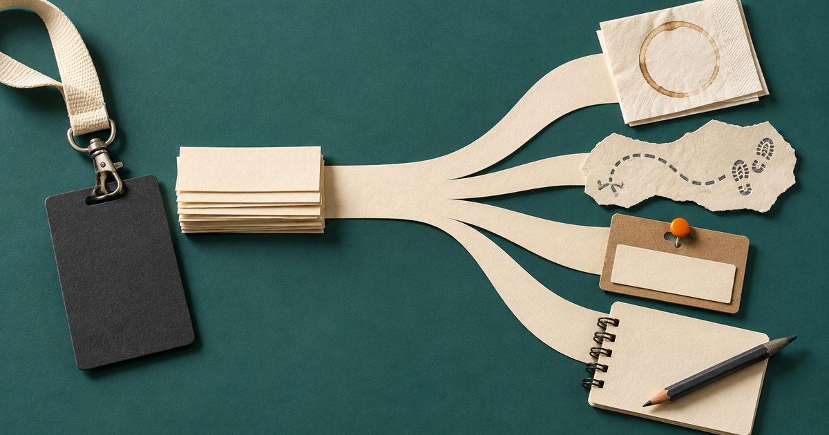 Editorial paper collage showing a work pass branching into four activity paths for networking in retirement