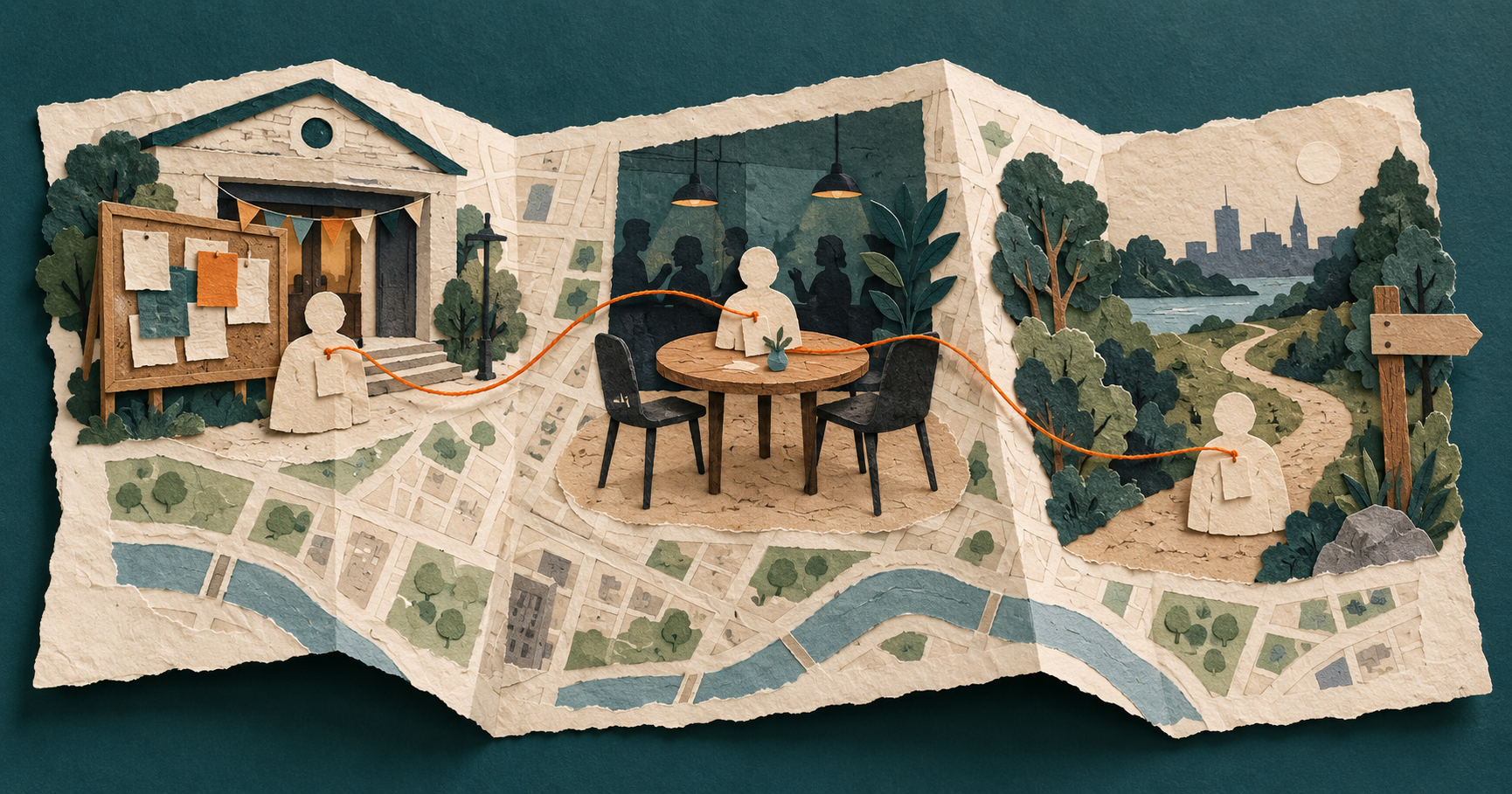 Handcrafted paper city map connecting a community hall, professional meetup and walking trail, representing networking in a new city through recurring groups and introductions.