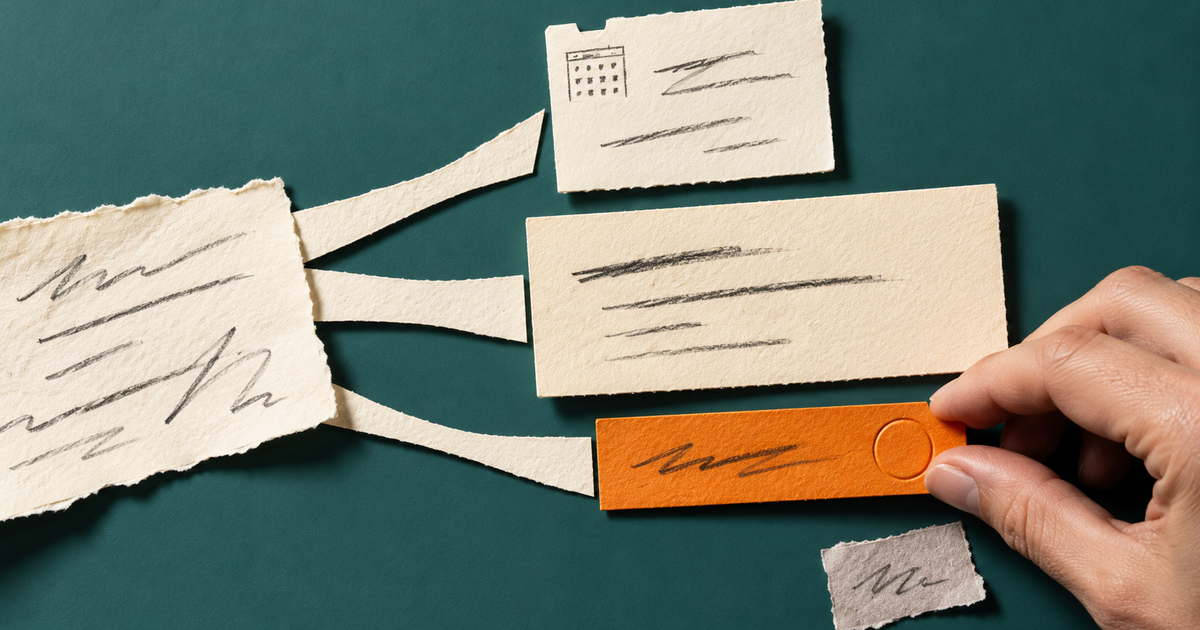A conversation note being sorted by hand into a dated activity, a relationship context card and one orange reminder.