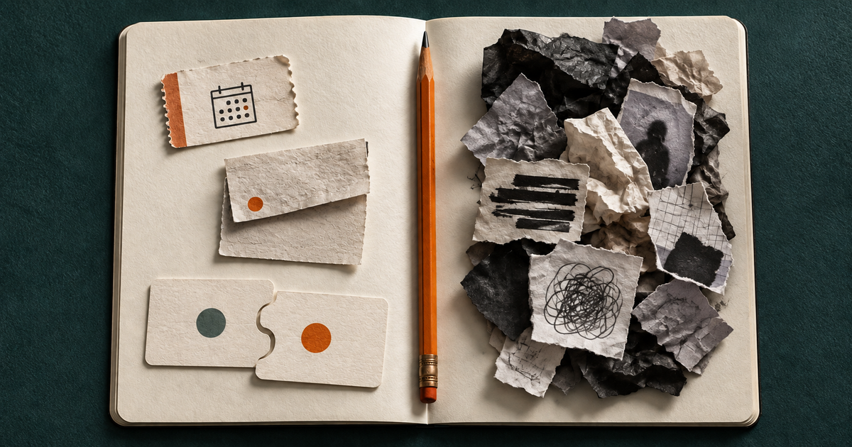 Open cream notebook divided by an orange pencil, showing sparse personal CRM notes on the left and a dense pile of torn, redacted scraps on the right.