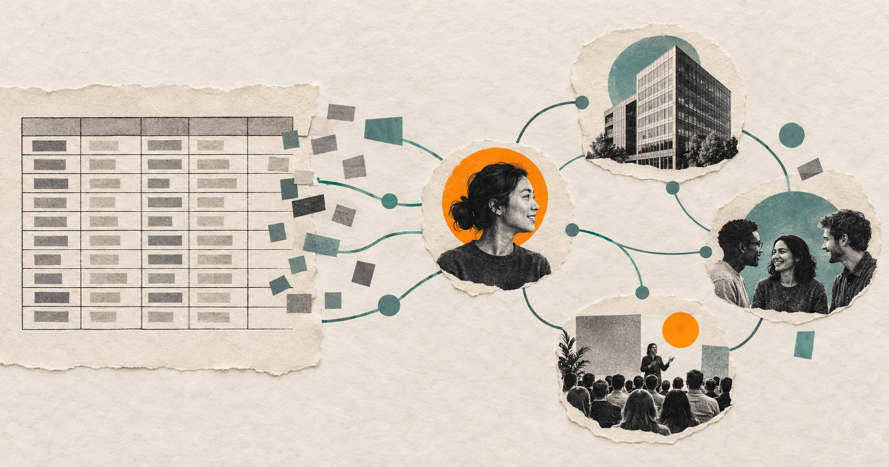 A spreadsheet row transforming into connected relationship records for a personal CRM.
