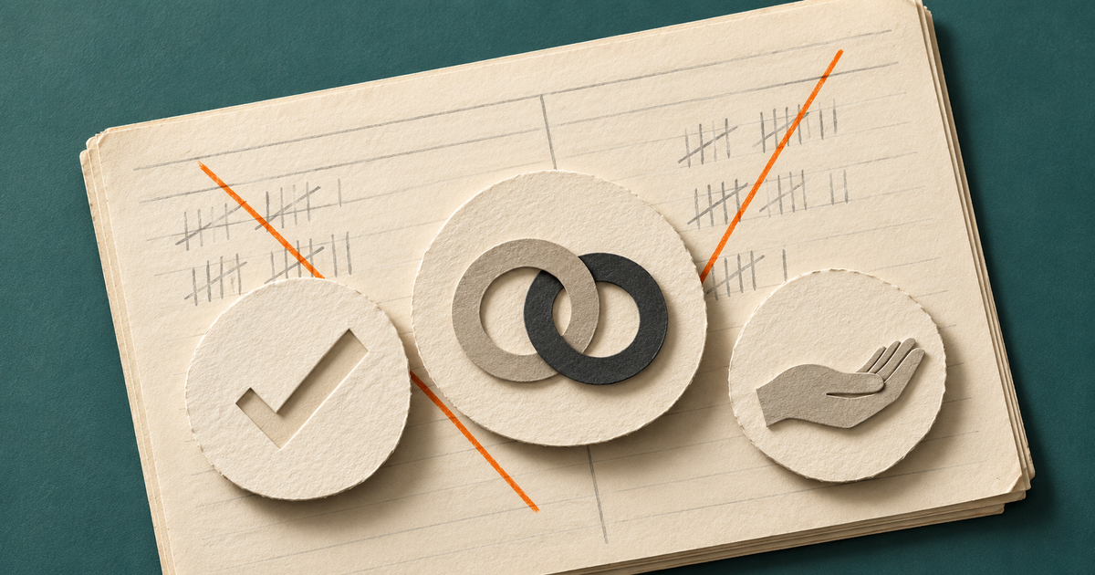 Handcrafted paper ledger with tally columns crossed out and three tokens for a kept promise, an acknowledged introduction and relevant help, illustrating reciprocity in networking without keeping score.