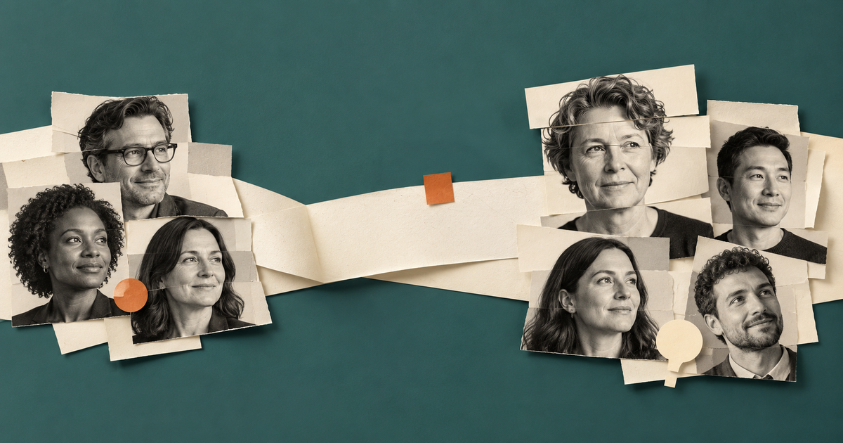 Handcrafted paper collage of professional portraits connected across an open pause, representing a return to work after parental leave with context intact.