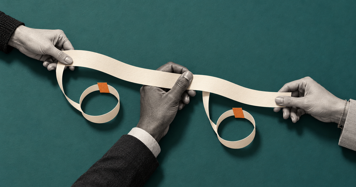Three monochrome hands pass a continuous cream paper strip above two closed paper loops on a muted teal surface, representing warm introduction follow-up.